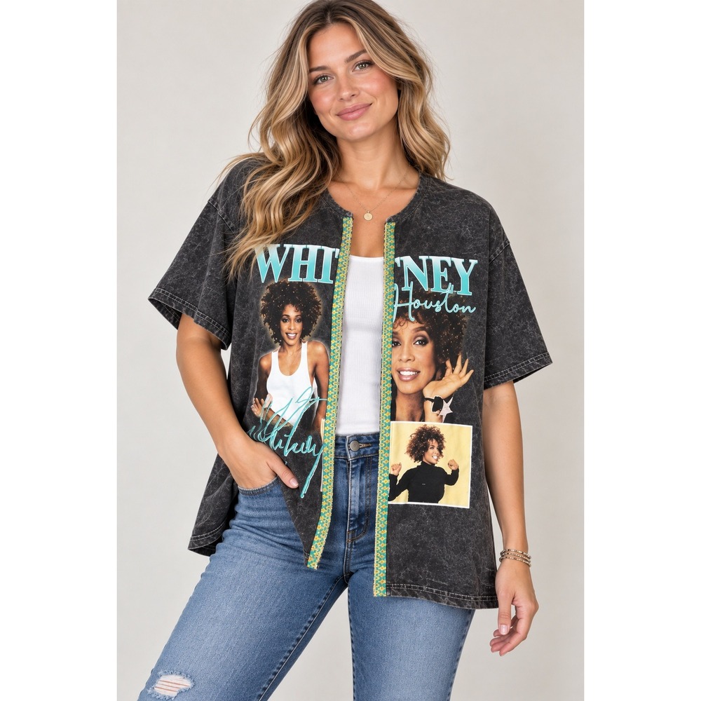 Whitney Houston Graphic T-Shirt Acid Wash Split Front Embroidered Trim sz L
